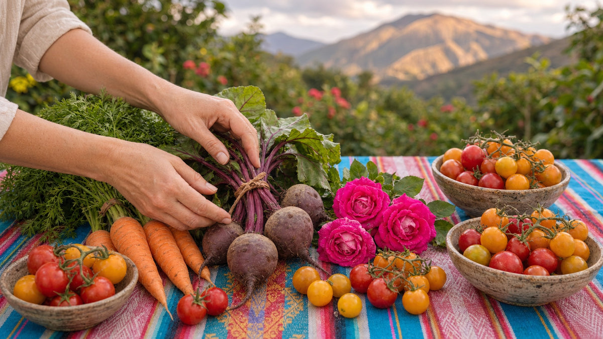 Sanctuary harvest — beets, carrots, tomatoes, roses