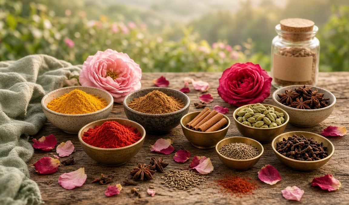 Bowls of turmeric, cardamom, cinnamon, saffron and rose petals in soft valley light