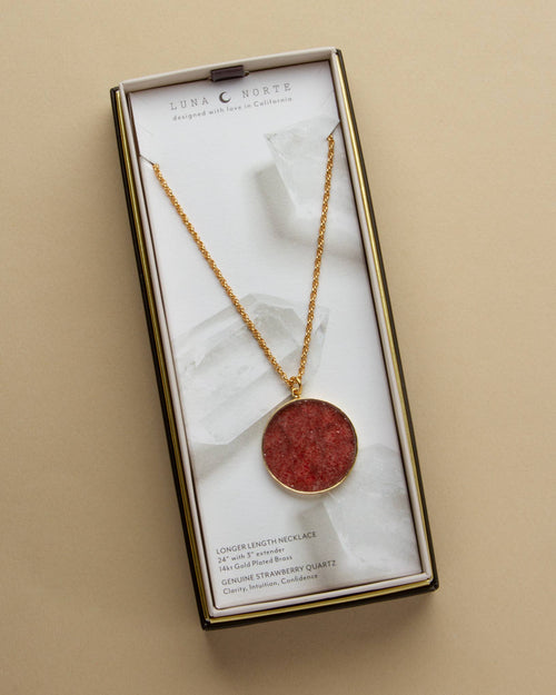 Strawberry Moon Long Medallion Necklace- Strawberry Quartz