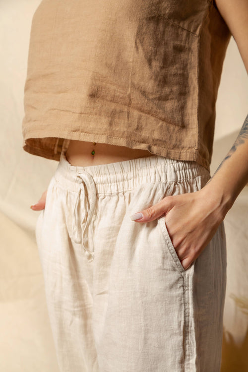 Beige Linen High Waisted  Carrot Pant