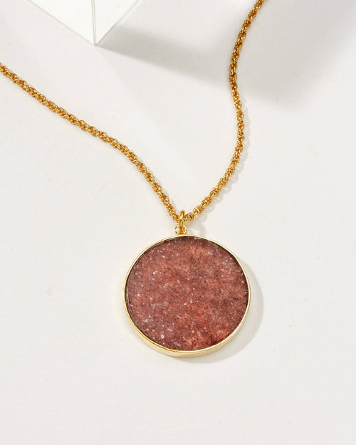 Collier long médaillon Strawberry Moon - Quartz fraise