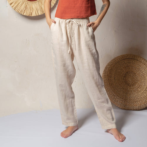 Beige Linen High Waisted  Carrot Pant