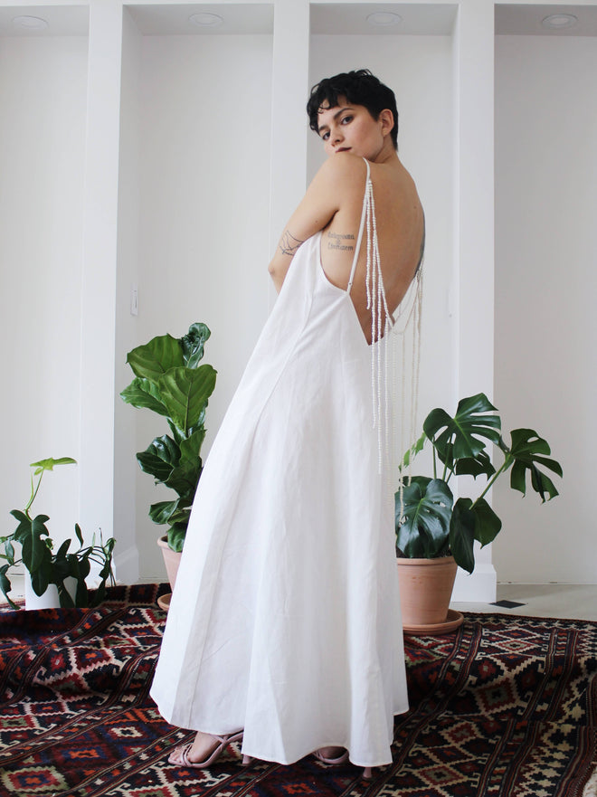 White Women’t Backless Maxi Dress Pearl Embroidery Eco Linen